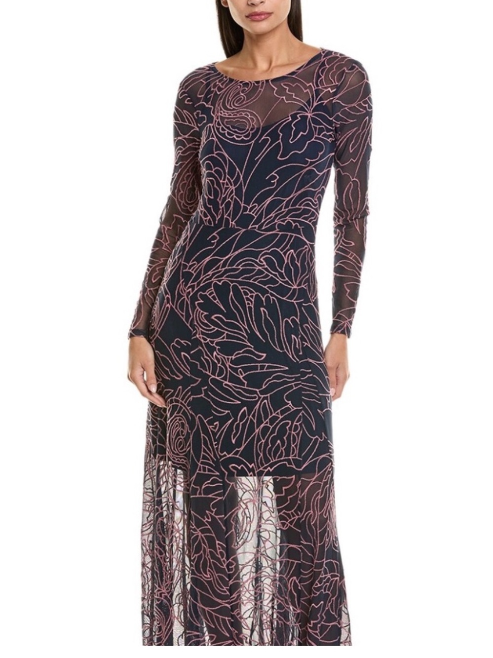 Johnny Was Long Sleeve Navy Maxi Dress with Pink Floral Line Print